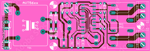 Vector printed circuit board of electronic 
device with components of radio elements, 
conductors and contact pads placed on pcb. 
Engineering technical drawing.
Computer technic cad design.
