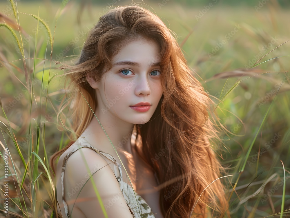 Portrait of pretty lovely young woman outdoors