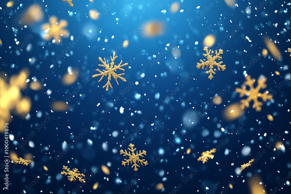 Golden snowflakes falling on a dark blue background symbolizing festive winter decor elegant holiday charm and joyful seasonal celebration Golden snowflakes falling on a dark blue background symbolizing festive winter decor elegant holiday charm and joyful seasonal celebration