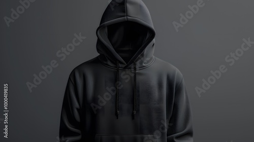 High-resolution photograph of a plain black hoodie with drawstring and pocket, isolated on a soft gradient background.