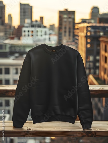 Stylized image of a black hoodie front view hanging on a balcony with city lights and bokeh in the background.