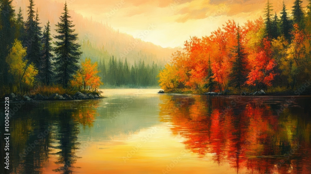 Fototapeta premium Autumnal Forest Reflecting in a Calm Lake at Sunset