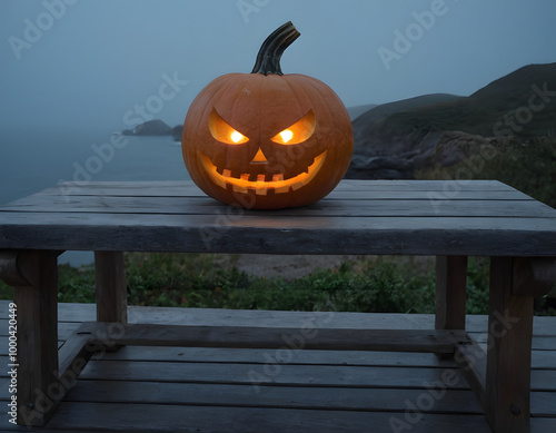 One spooky halloween pumpkin, Jack O Lantern, with an evil face and eyes on a wooden bench, table with a misty gray coastal night background