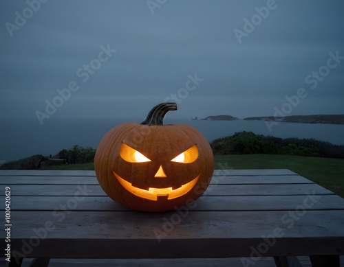 One spooky halloween pumpkin, Jack O Lantern, with an evil face and eyes on a wooden bench, table with a misty gray coastal night background