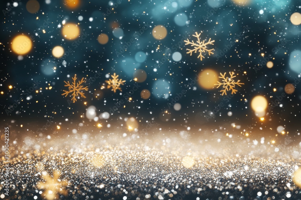 Glowing golden snowflakes and shimmering lights against a soft blue background representing festive holiday warmth and seasonal beauty Glowing golden snowflakes and shimmering lights against a soft blue background representing festive holiday warmth and seasonal beauty