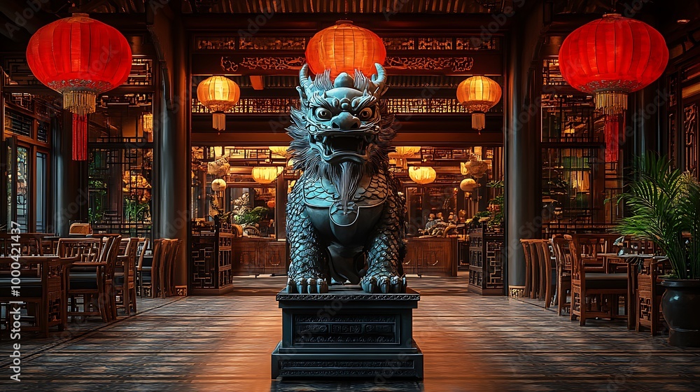 Green Dragon Statue In Traditional Chinese Restaurant Interior With Red Lanterns Green Dragon Statue In Traditional Chinese Restaurant Interior With Red Lanterns
