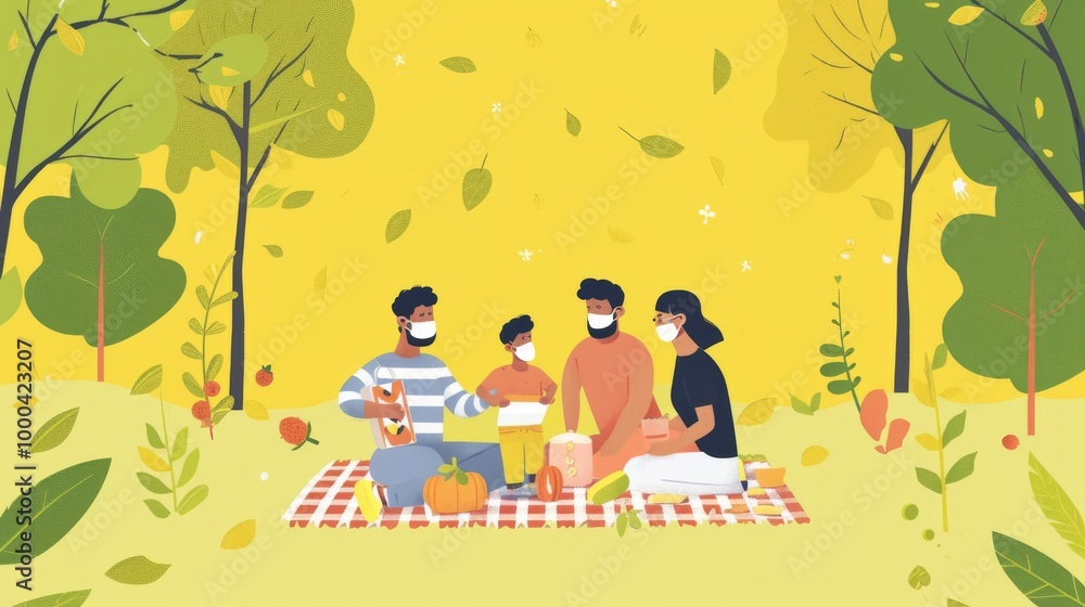 A colorful illustration of a family wearing protective masks while enjoying a picnic in a lush park. Vibrant yellow and green tones dominate the scene, with leaves gently falling, emphasizing safety A colorful illustration of a family wearing protective masks while enjoying a picnic in a lush park. Vibrant yellow and green tones dominate the scene, with leaves gently falling, emphasizing safety