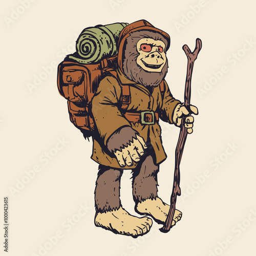 Vector Silhouette of a Backpacking Sasquatch with Walking Stick