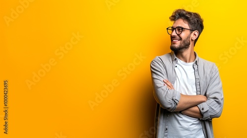 A young man smiles confidently while standing with his arms crossed against a bright yellow background. His casual and approachable demeanor makes this image perfect for personal branding or lifestyle