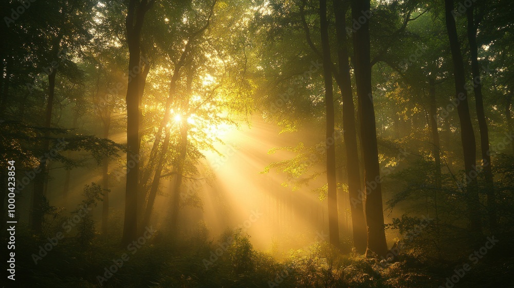 Obraz premium Sunbeams Illuminating a Misty Forest