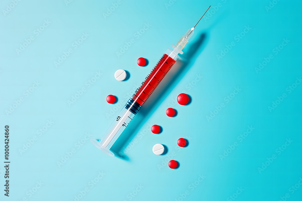 Medical Syringe with Pills on Blue Background – Healthcare and Medication Concept Medical Syringe with Pills on Blue Background – Healthcare and Medication Concept