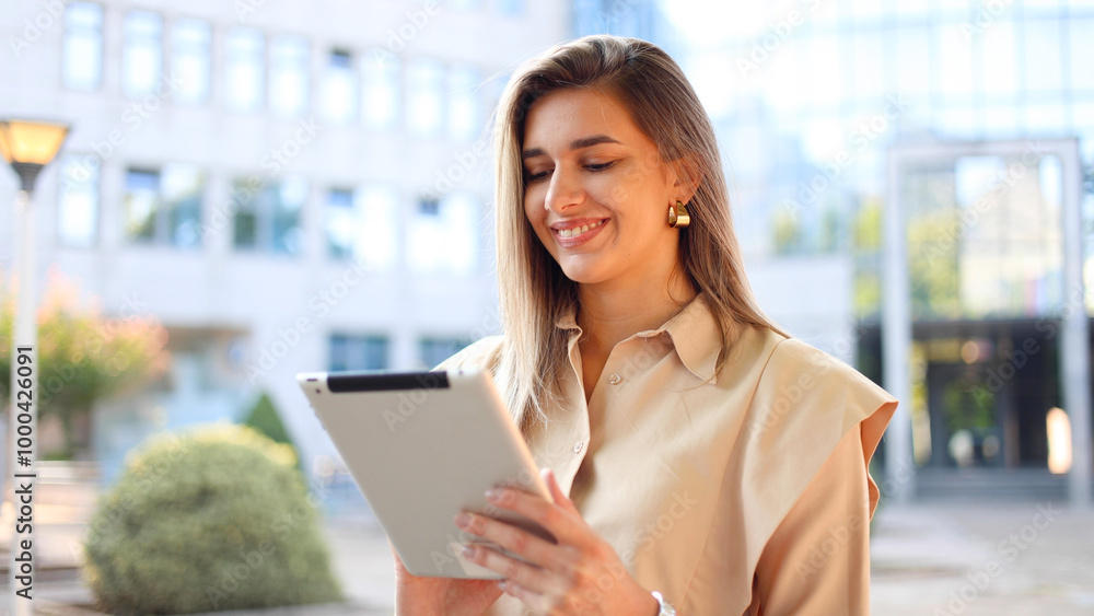 Professional woman using a tablet on the sidewalk
