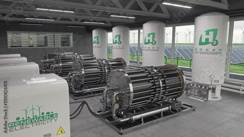 Green hydrogen factory with working electrolyzers. Realistic 3D render.