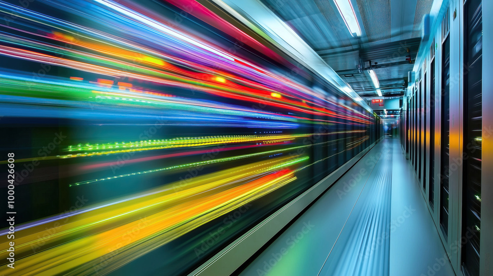 long exposure with motion blur light trail of server racks in room