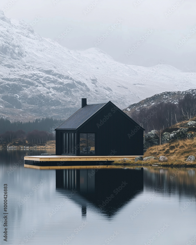Fototapeta premium Black house on the lake. 