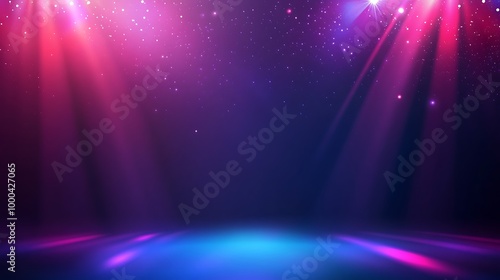 Stage lights with purple and pink spotlights on a dark blue background.