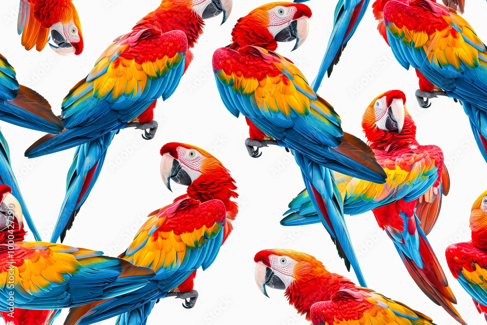 Obraz premium Colorful parrot is flying through a lush green jungle. The parrot is surrounded by many other parrots, creating a vibrant and lively scene. Concept of freedom and joy