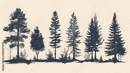 A vintage-inspired collection of tree silhouettes in a monochromatic design, featuring various coniferous tree species arranged in a grid on a distressed black background.