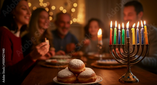 Donuts on table during family gathering with holiday food and menorah candles photo