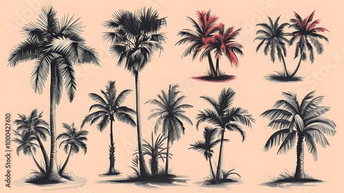 A diverse collection of palm tree silhouettes in various shapes and sizes, intricately designed in black on a crisp white background, capturing tropical essence and minimalist style.