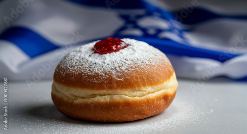 Jelly-filled donut topped with red jam and powdered sugar on a light background photo