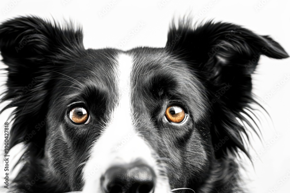 Black and white dog with brown eyes. The dog's eyes are open and staring at the camera Black and white dog with brown eyes. The dog's eyes are open and staring at the camera