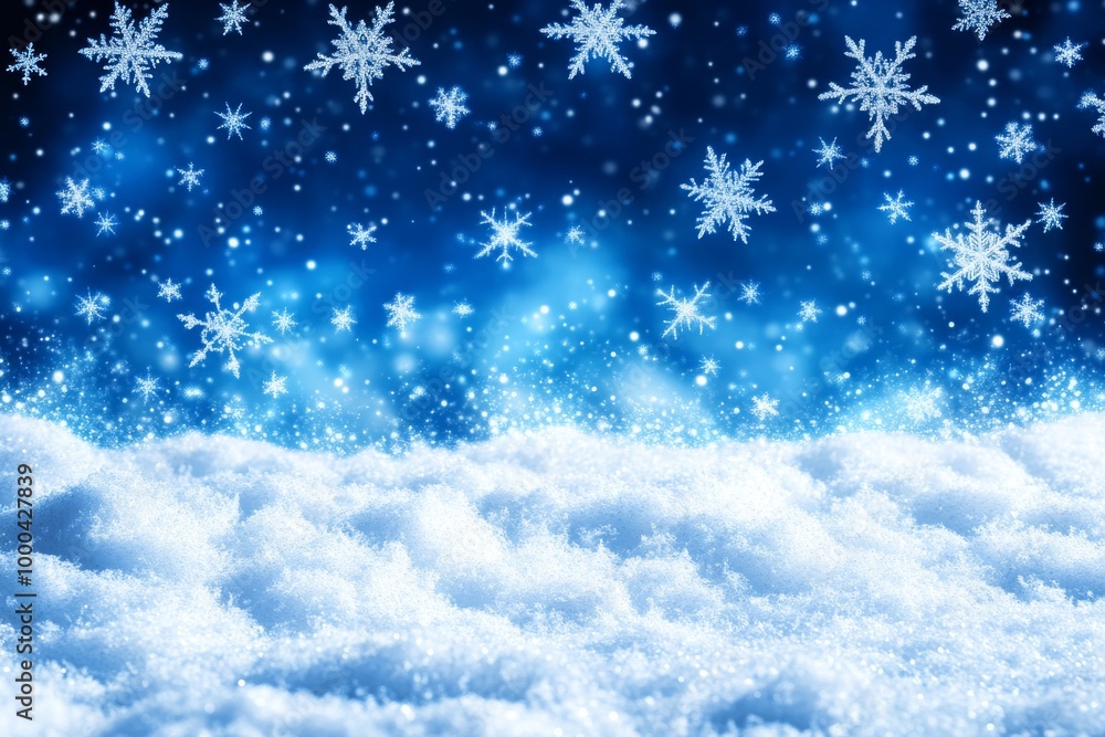 Snowflakes falling against a deep blue sky with soft billowing clouds illustrating the peaceful beauty of a quiet winter day with gentle snowfall Snowflakes falling against a deep blue sky with soft billowing clouds illustrating the peaceful beauty of a quiet winter day with gentle snowfall