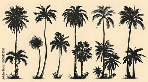 Wallpaper Mural A diverse collection of palm tree silhouettes in various shapes and sizes, intricately designed in black on a crisp white background, capturing tropical essence and minimalist style. Torontodigital.ca