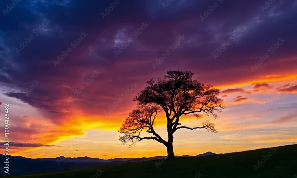 A lone tree silhouetted against a dramatic sky with colorful clouds at sunset, set on a grassy hill with mountains in the distance. A lone tree silhouetted against a dramatic sky with colorful clouds at sunset, set on a grassy hill with mountains in the distance.