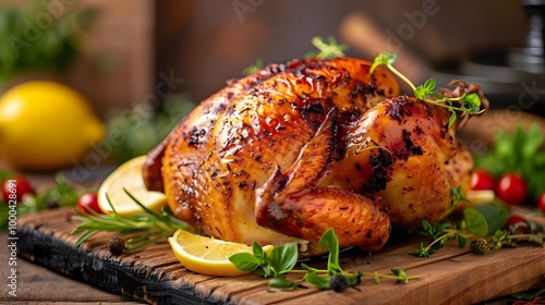 Beautifully roasted whole chicken with golden brown skin, garnished with fresh thyme and lemon slices, served on a wooden board for a delicious and rustic meal presentation.