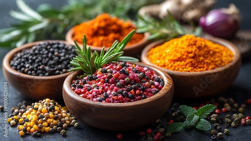 Assortment of colorful spices in wooden bowls, Food photography for culinary blogs and cooking websites