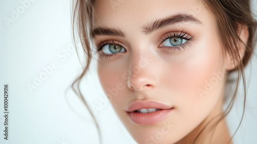 Photo shoot of a beautiful woman model for an eye shadow brand, bright eye makeup, professional photo shoot on a white background