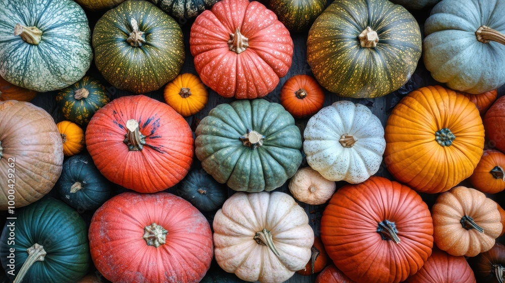 A vibrant collection of pumpkins displayed on a market floor during the autumn season, showcasing different shapes and colors A vibrant collection of pumpkins displayed on a market floor during the autumn season, showcasing different shapes and colors