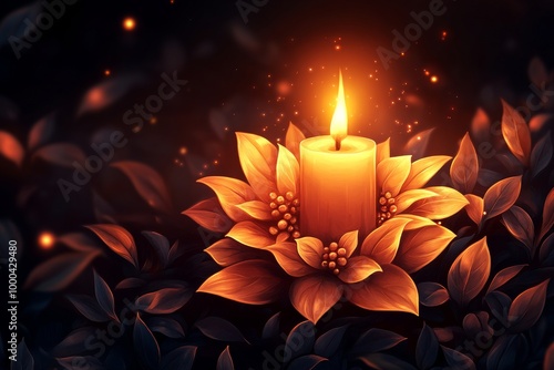 Glowing golden candle surrounded by festive poinsettias and red berries illuminating a cozy Christmas scene full of holiday warmth and charm