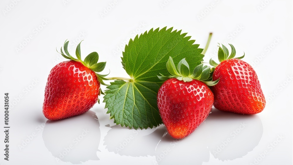 Fresh strawberries with green leaves on a reflective surface. Fresh strawberries with green leaves on a reflective surface.