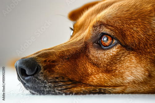 Brown dog with a brown nose and brown eyes is laying on a white surface. The dog's eyes are open and staring at the camera