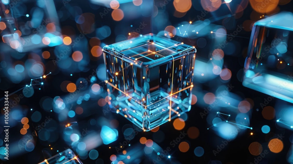 ภาพประกอบสต็อก Abstract digital art with blue glowing cube and ...
