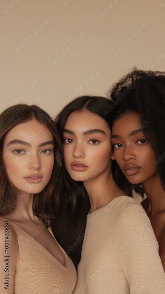 Obraz premium Three women posing together in neutral tones, studio portrait. Diversity and beauty concept