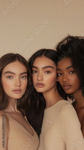 Three women posing together in neutral tones, studio portrait. Diversity and beauty concept