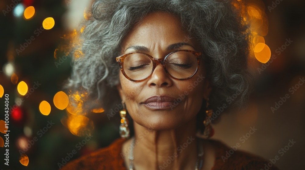Elderly woman with closed eyes in front of christmas lights, peaceful expression. Holiday season serenity concept Elderly woman with closed eyes in front of christmas lights, peaceful expression. Holiday season serenity concept