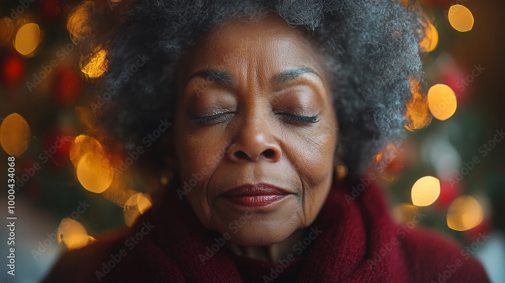 Elderly woman with closed eyes in front of colorful bokeh lights, contemplative portrait. Peaceful and serene concept Elderly woman with closed eyes in front of colorful bokeh lights, contemplative portrait. Peaceful and serene concept