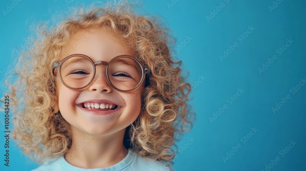Young girl with curly hair smiling with large eyeglasses, joyful childhood concept Young girl with curly hair smiling with large eyeglasses, joyful childhood concept