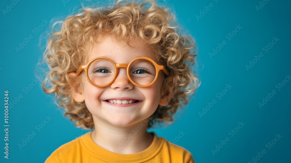 Smiling child boy with curly hair and glasses on blue background, joyful expression. Childhood happiness and innocence concept Smiling child boy with curly hair and glasses on blue background, joyful expression. Childhood happiness and innocence concept