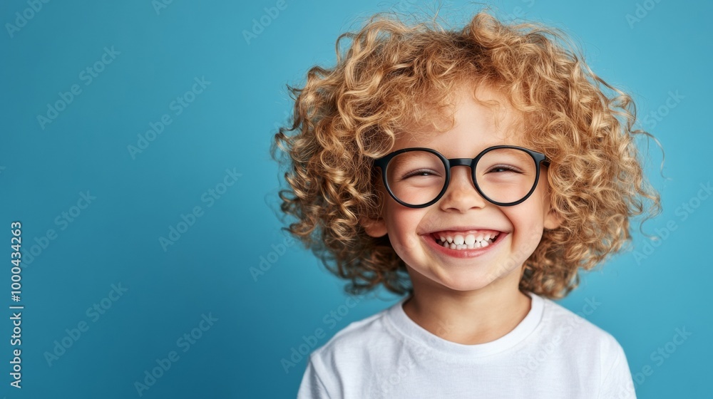 Smiling child boy with curly hair and glasses on blue background Smiling child boy with curly hair and glasses on blue background