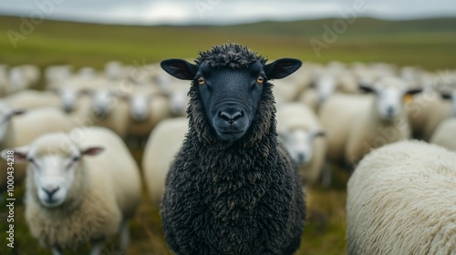 Black sheep standing in flock of white sheep in field reflecting uniqueness and individuality, rural concept