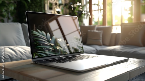 Realistic laptop mockup with a blank white screen, minimalistic design on a neutral background, perfect for presentations, web design, and branding concepts.