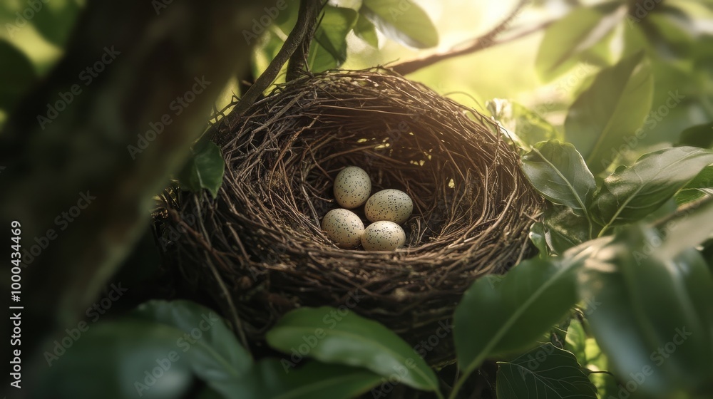 Fototapeta premium Bird's nest with eggs in a tree, serene nature scene. Wildlife and natural beauty concept