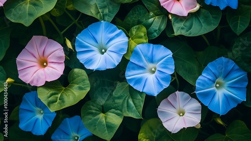 Blue and Pink Morning Glory Flower with Green LeavesBlue and Pink Morning Glory Flower with Green Leaves photo