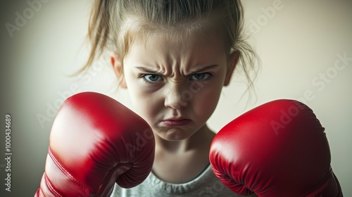 Young girl with red boxing gloves looking determined, indoor portrait. Childhood empowerment and strength concept