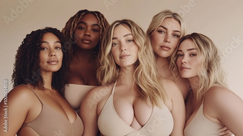 Group of diverse women in neutral tones, empowering beauty concept